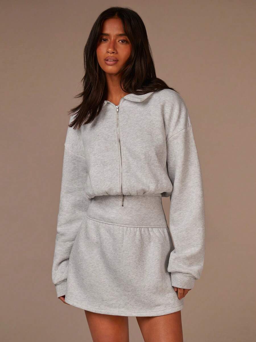 Athîral Women's Casual Grey Belted Zip-Up Half-Open Sweatshirt Dress, Soft And Warm Knit Fabric, Autumn And Winter Outfits, Grey Shorts Dress,Clothes For New Year - Light Grey - View 1