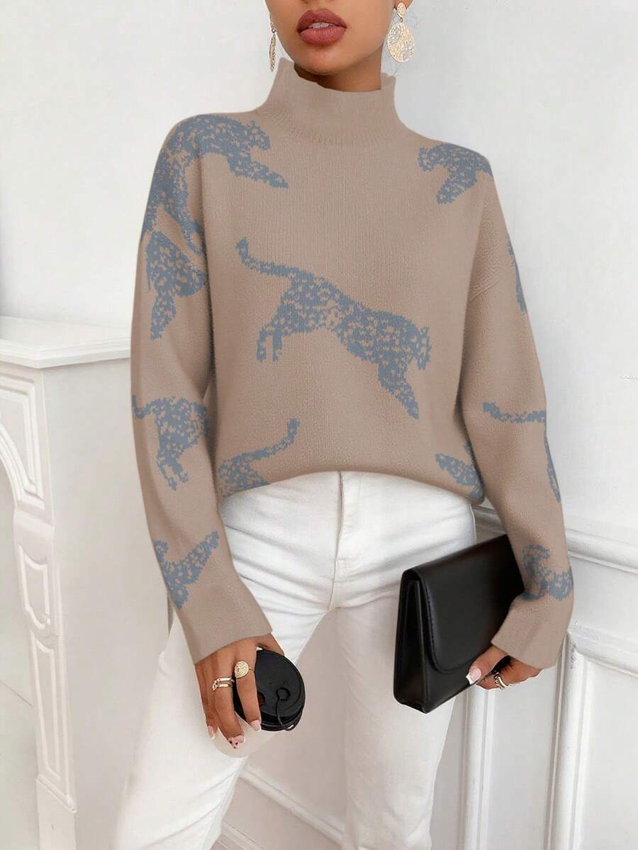 SHEIN Clasi 女士休闲豹纹立领长袖毛衣，秋冬款 - 卡其色 - 查看 1