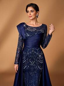 Serin Váy maxi dài đuôi cá tay dài bằng vải satin đính cườm và sequin sang trọng, thanh lịch, có viền xòe, thích hợp cho đám cưới, tiệc tùng, kỳ nghỉ, dạ tiệc, tiệc chia tay cuộc sống độc thân, váy dạ hội cho mẹ cô dâu - Màu xanh hải quân - Xem 1