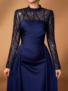 Serin Váy dài đuôi cá xếp nếp bằng vải satin co giãn, sang trọng, cao cấp, phong cách Châu Âu & Mỹ, tay áo voan đính ngọc trai, vải hoa, phù hợp cho đám cưới, tiệc độc thân, kỳ nghỉ, dạ hội, ngày lễ, váy dạ hội cho mẹ cô dâu - Màu xanh hải quân - Xem 6