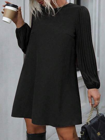 EMERY ROSE Sukienka damska w dużym rozmiarze, jednokolorowa, z okrągłym dekoltem i plisowanymi rękawami typu latarnia, luźna, prosta, swobodna