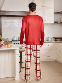 CoupledUp Valentine's Day Plaid Heart Pattern Contrast Color Long Sleeve Top & Pants Men's Loungewear Set,Black And White Plaid,Autumn,Casual,Home Couple Pjs - Multicolor - View 6