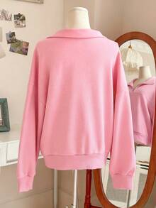 Lalippa Women's Loose Split Zipper Collar Solid Color Fleece Drop Shoulder Sweatshirt, Autumn/Winter - Pink - View 2