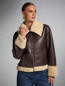 SHEIN BAE Women's Zipper Casual Faux-Warm Lining Jacket, Fall/Winter Style Shearling Leather Composite Fabric Jacket Fall/Winter Warm Outerwear Perfect For Casual Streetwear Outfits Brown Jacket Women Jackets - Coffee Brown - View 3