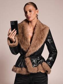 SHEIN BAE Women's Fluffy Panel Front Button Closure Long Sleeve Casual PU Leather Trench Coat Fall Winter Cloth For Women, With Fox Fur Cuff, Lapel Design - Black - View 6