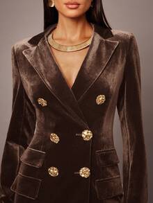 Silquee Women's Lapel NeckLong Sleeve Metallic Double-Breasted Elegant Blazer