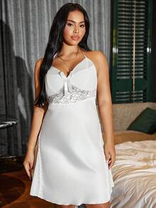 SilkySpell Luvlette Plus Size Lace & Mesh Patchwork Camisole Nightgown,White,Summer,Elegant,Wedding Guest Spaghetti Strap Curve Babydoll Lingerie Dress - White - View 5