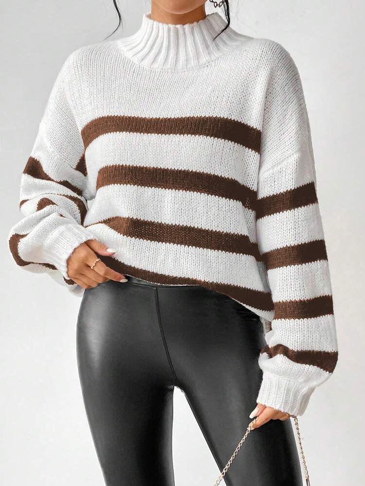 SHEIN LUNE Loose Fit Dropped Shoulder High Neck Long Sleeve Casual Knit Pullover Sweater - Mocha Brown - View 3