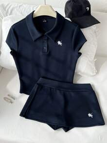 Elamini Women's Casual Polo Collar Horse Embroidery Fitted T-Shirt & Mini Low-Waist Skort Set - Navy Blue - View 4