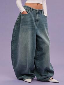 COUREZ 低腰宽松牛仔裤，浅蓝色水洗，街头休闲，Y2K风格，休闲音乐节风格，棉质牛仔布，复古棉质 - 藏蓝色 - 查看 5