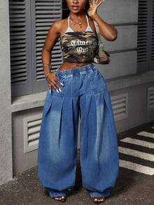 Slaydiva Plus Size Wide Leg Flare Jeans - Blue - View 7