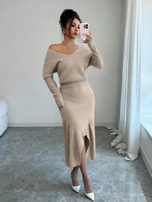 Elenzga 女士纯色优雅蝙蝠袖毛衣和针织裙两件套 - 駝色 - 查看 6