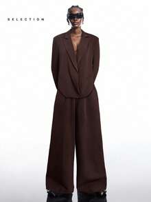 LYSMO SELECTION 2025新款简约秋季女装咖啡棕色翻领长袖外套阔腿裤休闲套装，秋季 - 咖啡棕 - 查看 1