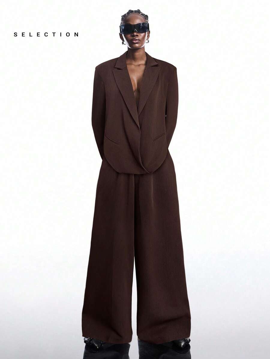 LYSMO SELECTION 2025新款简约秋季女装咖啡棕色翻领长袖外套阔腿裤休闲套装，秋季 - 咖啡棕 - 查看 1
