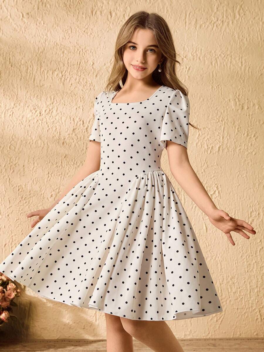 女童可爱方领泡泡袖及膝连衣裙,夏季 - 杏色 - 查看 1