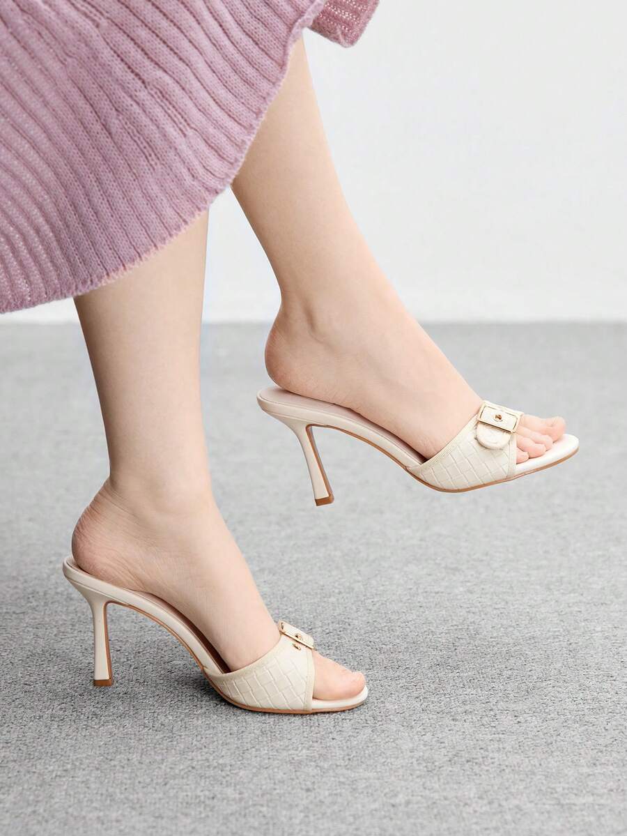 CUCCOO BIZCHIC Giày cao gót hở mũi tròn thời trang phong cách retro PU + khóa vàng trang trí màu be cho nữ - Màu be - Xem 1