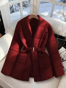 SHEIN Clasi 女士咖啡棕色腰带，金属扣设计，收紧腰身，优雅羽绒服 - 酒紅色 - 查看 1