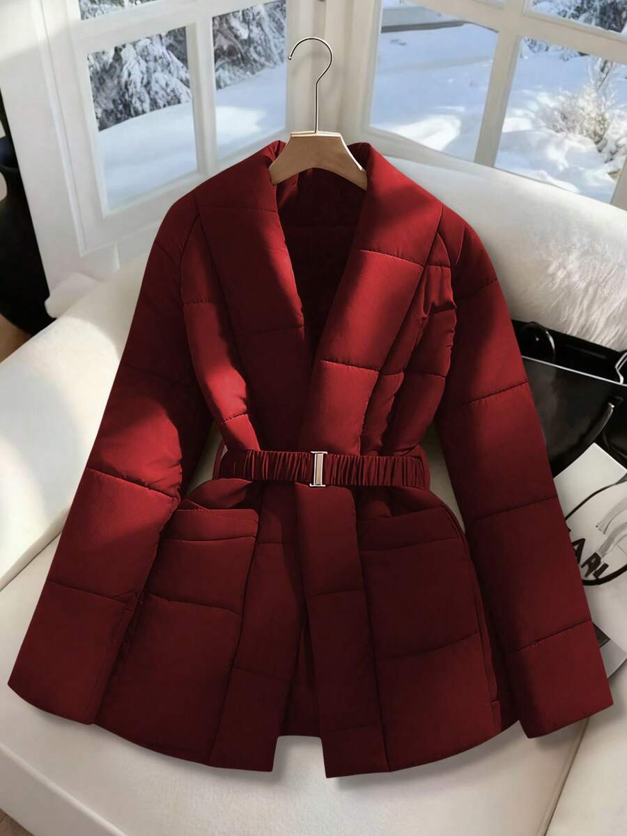 SHEIN Clasi 女士咖啡棕色腰带,金属扣设计,收紧腰身,优雅羽绒服 - 酒紅色 - 查看 1