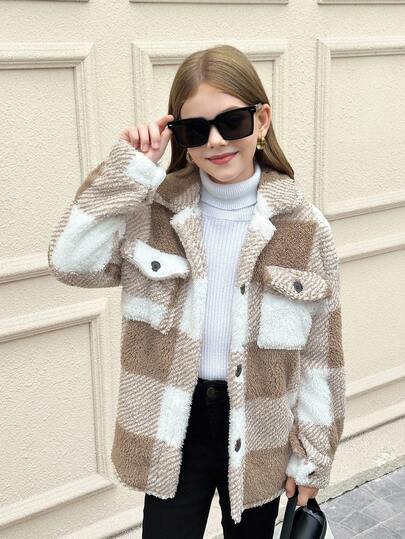 SHEIN Tween Girl Casual Fashion College Style Double-Sided Fleece Plaid Jacquard Lapel Button Patch Pocket Long Sleeve Thick Jacket Coat, Girls Jacket Coat