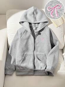 SHEIN 青少年女孩休閒街頭風針織運動外套，輕量灰色附蝴蝶結刺繡，拉鍊口袋，適合秋冬、週末、休閒出遊、返校 - 灰色 - 查看 4