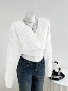 SHEIN Unity Women's V-Neck Oblique Placket Belted Slim Fit Long Sleeve Casual Fashionable Knit Sweater, Autumn/Winter - White - View 3