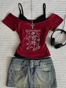 StreetHx Camiseta ajustada de 2 en 1 con estampado de esqueleto y parches de colores contrastantes - Burdeos - Ver 1