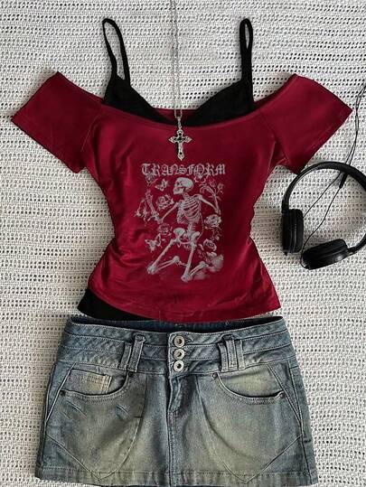 StreetHx Contrast Color Patchwork Skeleton Print Slim Fit 2 In 1 T-Shirt