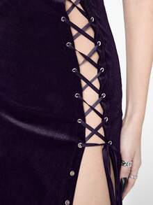 ROMWE Goth 哥特式十字高开衩性感紧身吊带裙 - 紫色 - 查看 5