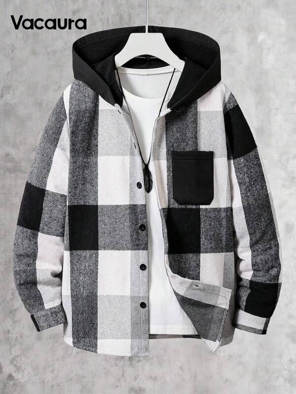 1 pezzo Felpa con cappuccio e cerniera casual per adolescenti/giovani uomini, con motivo a scacchi in bianco e nero, tessuto confortevole, adatto per primavera, autunno e inverno