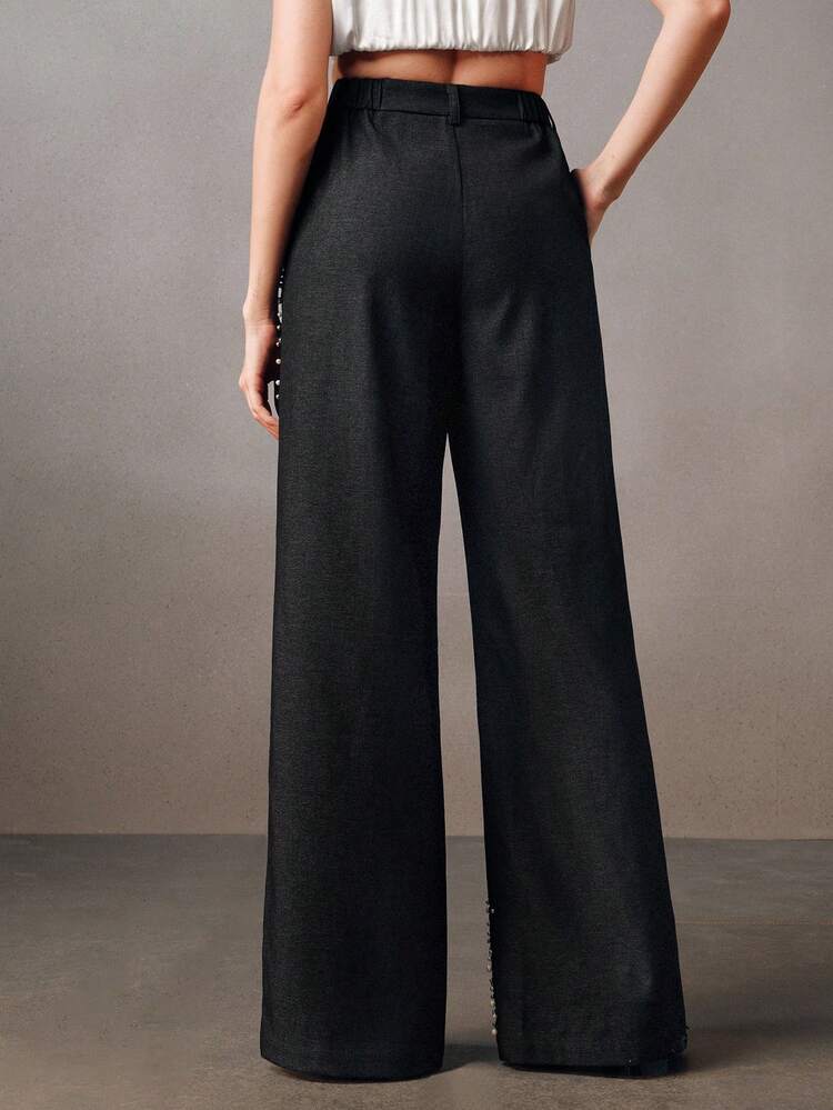 High-Waisted Pearl Embellished Relaxed Fit Women Pants, Suitable For School, Commute, Vintage, Fall, Winter, Summer, Spring, New Year, Party, Wedding, Elegant, Chic, Stylish, Business Casual