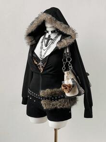 Sunspun Áo nỉ chắp vá lông giả màu trơn ôm sát cạp cao sang trọng - màu đen - Xem 5