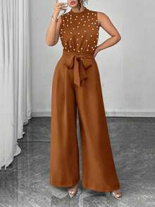 Elenzga Atasan Tanpa Lengan Berhiaskan Manik-Manik Elegan Ukuran Plus dengan Leher Bulat dan Jumpsuit Celana Lurus - Coklat - View 4