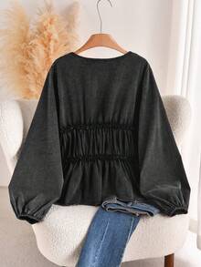 CosyJoli 大码女式休闲系带灯笼袖水洗衬衫 - 黑色 - 查看 2