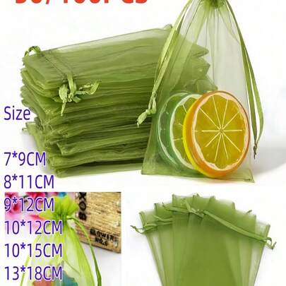 50/100 pièces Sacs en organza vert olive - Emballage polyvalent pour cadeaux, faveurs de mariage, fournitures de fête, protection des fruits et rangement à la maison