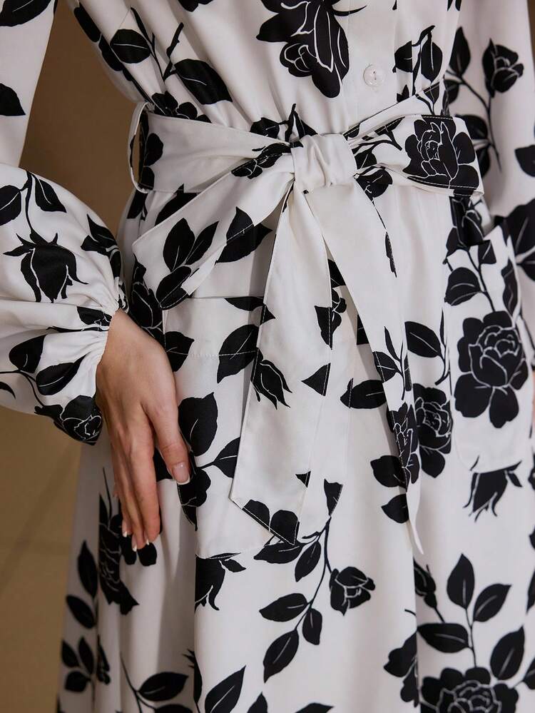 ALLOVER FLORAL PRINT LANTERN SLEEVE BELTED DRESS