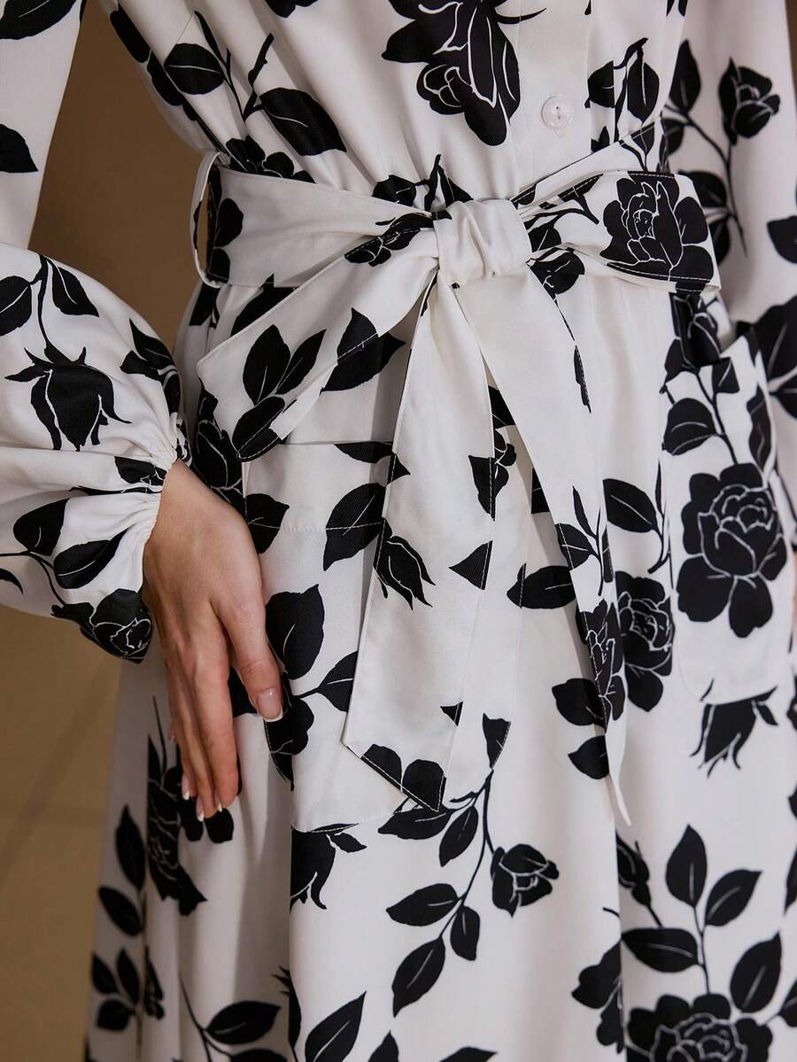 MOTF PREMIUM VESTIDO ESTAMPADO FLORAL COMPLETO CON MANGAS FAROL Y CINTURÓN - Blanco y Negro - Ver 2