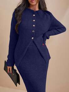 EURMUSE Conjunto de cardigan y falda de punto acanalado con botones delanteros de unicolor para mujer - Azul Marino - Ver 2