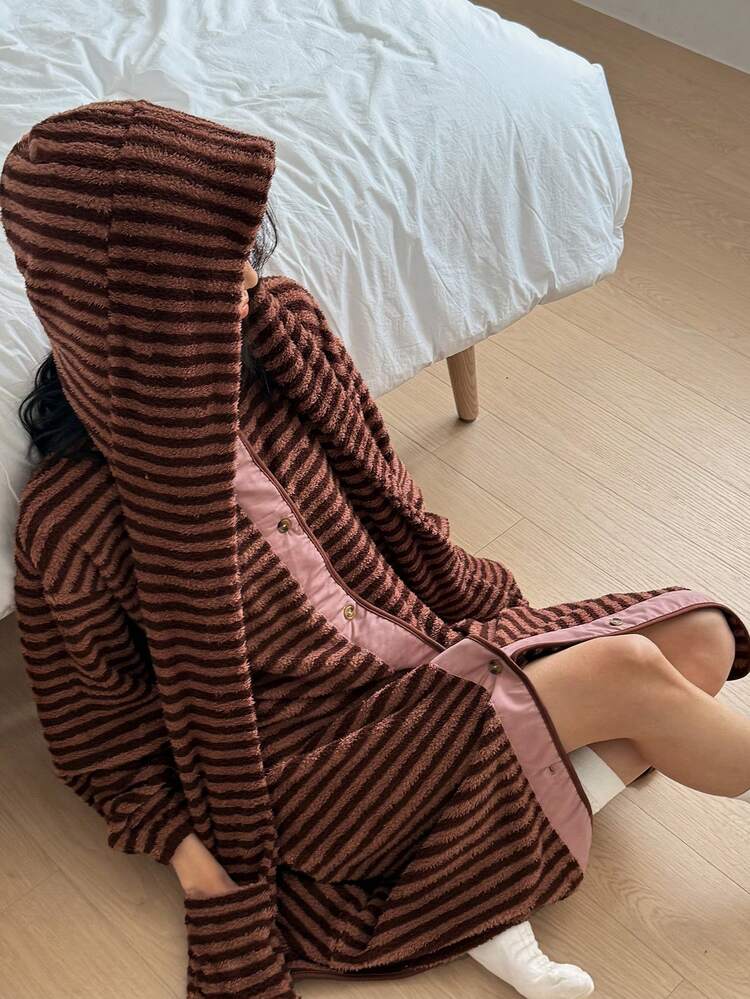 Detachable Scarf & Hat Loose Striped Coral Fleece Long Sleeve Women Loungewear Robe, Autumn/Winter, Fluffy Cozy