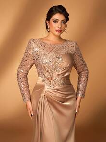 Serin 大码优雅奢华香槟色串珠蕾丝贴花拼接弹力缎面薄纱长袖褶皱美人鱼连衣裙，适合婚礼、派对、度假、舞会、新娘母亲礼服