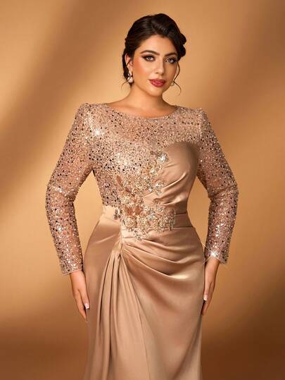 Serin Plus Size Elegant Lyxig Champagnefärgad Pärlspets Applikation Patchwork Elastisk Satin Transparent Långärmad Ryggad Sjöjungfruklänning, Lämplig För Bröllop, Fest, Semester, Bal, Klänning Till Brudens Mor