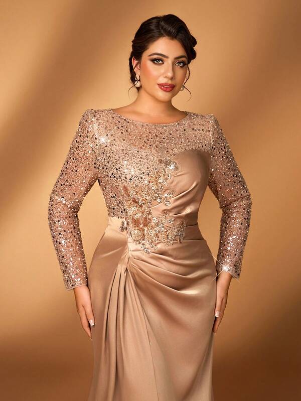 Serin Plus Size Elegant Luxurious Champagne Beaded Lace Applique Patchwork Elastic Satin Sheer Long Sleeve Ruched Mermaid Dress, Suitable For Wedding, Party, Vacation, Prom, Mother Of The Bride Gown