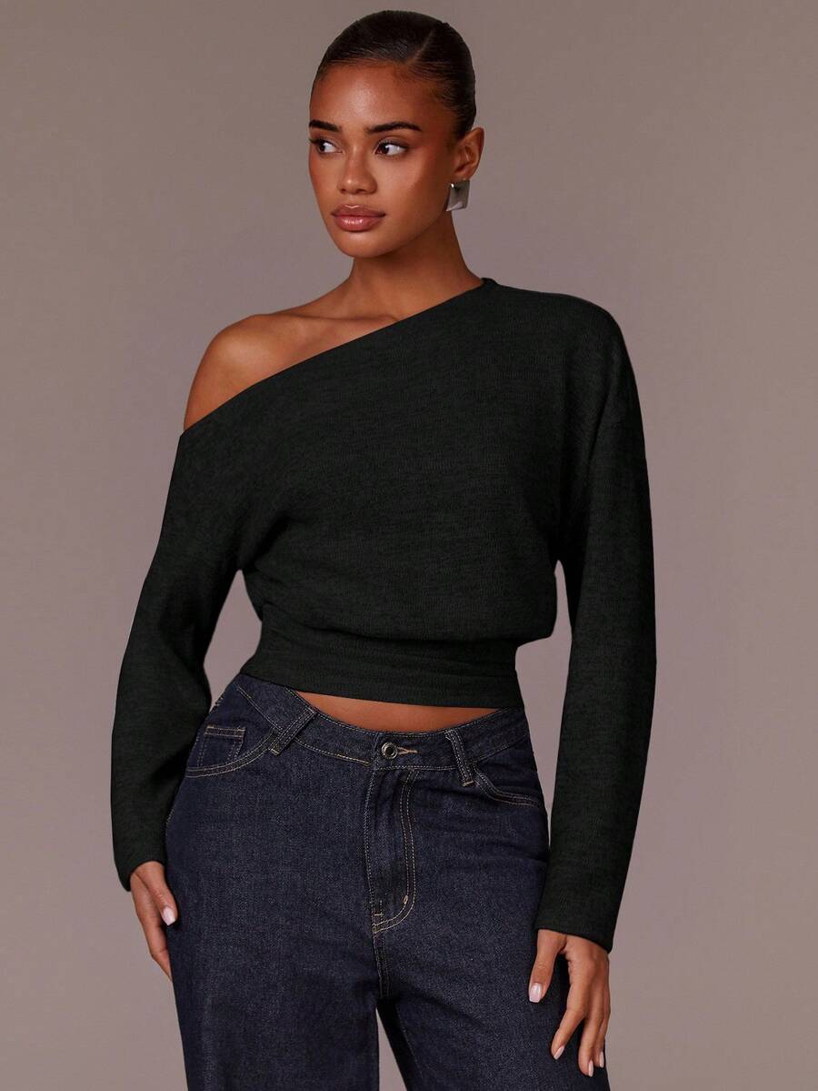 Athîral Áo thun ngắn tay dài lệch vai màu trơn thường ngày dành cho nữ - màu đen - Xem 1