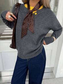 DAZY 休闲拼色亨利领套头衫，柔软针织二合一女式毛衣 - 深灰色 - 查看 5