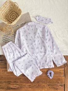 SHEIN 3件套女童柔软顺滑睡衣套装，时尚可爱猫咪蝴蝶结印花袖口、下摆、领口撞色荷叶边长袖开衫和长裤，含眼罩，睡衣 - 紫色 - 查看 2