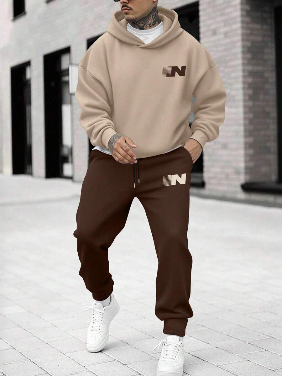 Manfinity Homme 男士字母N印花休闲简约卫衣和运动裤两件套,秋冬男装 - 彩色 - 查看 1