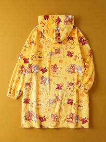 TOM & JERRY X SHEIN 大码女式休闲可爱卡通奶酪印花落肩宽松保暖抓绒连帽睡衣，秋冬款 - 黃色 - 查看 2