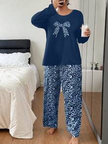 SHEIN Fashionable Leopard Print Bowknot Long Sleeve Thin Pajama Set, Plus Size For Home Wear, Autumn/Winter - Blue - View 6