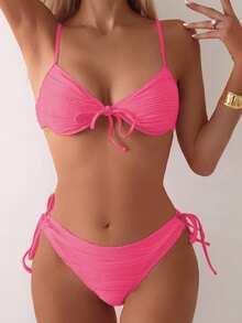 SHEIN Swim 2026 春夏紫红色特殊面料细肩带钢圈支撑蝴蝶结可爱甜美度假侧抽绳系带高腰下装女式两件套比基尼套装 - 玫紅色 - 查看 7
