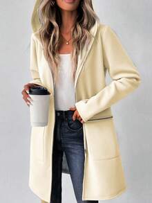 女式秋季长袖连帽夹克，落肩，卫衣材质，拉链装饰，中长款，休闲 - 杏色 - 查看 4