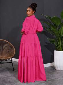 SHEIN CURVE+ Váy maxi xếp ly chữ A tay ngắn màu trơn cỡ lớn 2025 dành cho nữ, dáng rộng, kỳ nghỉ Hoho - Màu Hồng Tươi - Xem 2